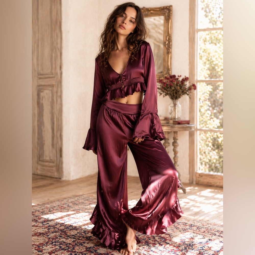 Free People Satin Ruffle Pajama Set S Wine Burgundy